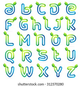 Eco letters set with green leaves and water waves. Vector design template elements for your ecology application or corporate identity.