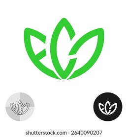 ECO letters text logo. Word Eco icon symbol stylized as three long green plant leaves. Ecology sign for goods packing design