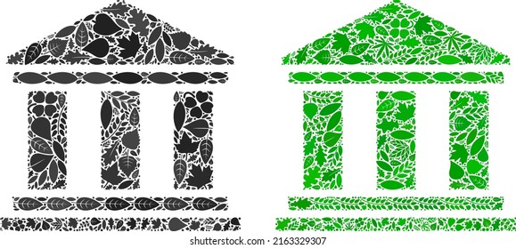 Eco library building icon collage of herbal leaves in green and natural color variations. Ecological environment vector template for library building icon.