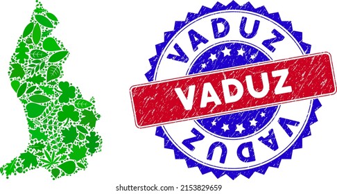Eco Liechtenstein map composition of floral leaves in green color variations and grunge bicolor Vaduz seal. Red and blue bicolored seal with grunge style and Vaduz text.