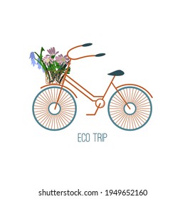 Eco life concept of environmental and ecology. Vector illustration with bicycle and flowers basket. Bicycle environmental friendly. Eco trip card? poster or print. Zero waste. Go green.