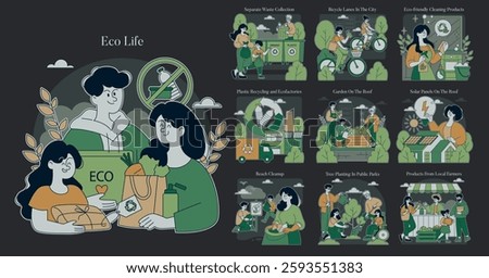 Eco Life concept. Focus on sustainable practices enhancing community well-being and environmental health. Highlights include waste management, urban gardening, solar power, and local produce. Vector