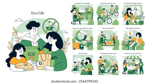 Eco Life concept. Illustrates various sustainable practices contributing to environmental health. Showcases separate waste collection, urban gardening, solar energy, and community engagement. Vector