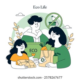 Eco Life concept. A vibrant representation of individuals engaged in sustainable living practices. They hold eco-friendly products, promoting awareness and alternatives to plastic use. A movement for