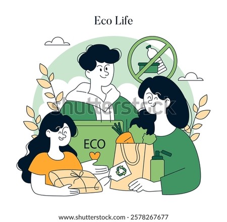 Eco Life concept. A vibrant representation of individuals engaged in sustainable living practices. They hold eco-friendly products, promoting awareness and alternatives to plastic use. A movement for