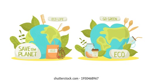 Eco life, ecology environment concept vector illustration. Green planet and organic product for save environment earth life. Graphic nature globe
