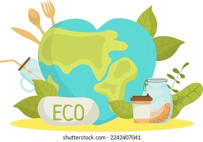 Eco life, ecology environment concept vector illustration. Green planet and organic product for save environment earth life. Graphic nature globe