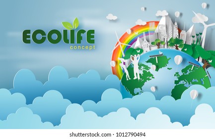 Eco life friendly concept and earth with environment day.Paper cut and craft style.Happy family having fun enjoy.Smart city town Ecology world.Planet green ecosystem nature  vector. illustration