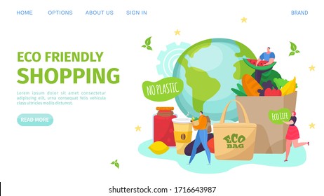 Eco life, friendly shopping and no plastic, vector illustration. Healthy lifestyle, save planet environment. Buy fresh food, fruit and vegetable in eco bag. Recycle organic product.