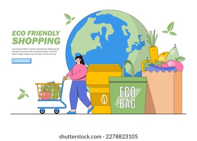 Eco life, friendly shopping and no plastic. People buy fresh food, fruit and vegetable in eco bag. Environmental and earth day vector cartoon illustration for landing page, web banner, hero images.
