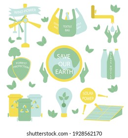 Eco life illustration. Set of ecological stickers. Isolated white background. Illustration EPS 10.