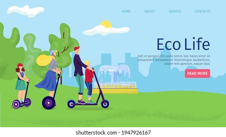 Eco life in park, people ride eco transport, outdoor leisure vector illustration. Active man woman at bicycle, flat bike landing page.