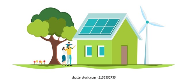 Eco life. Solar panels. People live eco life. Vector.