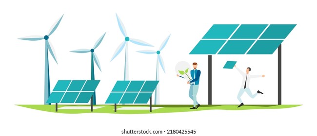 Eco life. Solar panels. People live eco life. Vector.