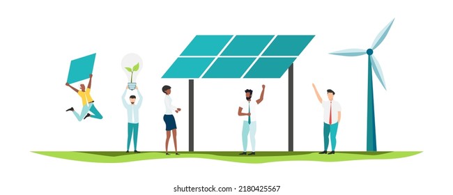 Eco life. Solar panels. People live eco life. Vector.