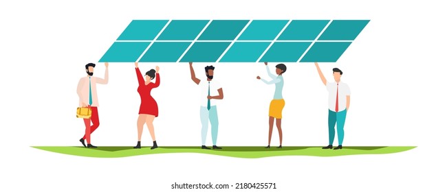 Eco life. Solar panels. People live eco life. Vector.