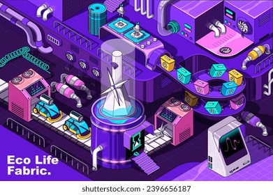 Concepto web de vida ecológica en diseño isométrico 3d. La electricidad verde y los autos, clasificando y reciclando basura. Línea de producción de tela abstracta en isometría gráfica para afiches corporativos. Ilustración vectorial.