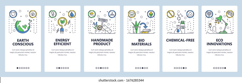 Eco life web site and mobile app onboarding screens. Menu banner vector template for website and application development. Energy efficient, chemical free handmade eco friendly products. Thin line art.