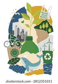 Eco Lifestyle Collage Vector Illustration, Sustainability and Environmental Conservation Concept