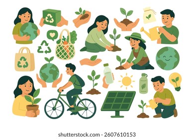 Eco lifestyle collection with gardening, recycling, reusable bags, plants, green energy and sustainable choices.