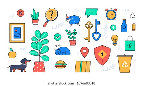 Eco lifestyle - colorful flat design style objects with line elements. Collection of elements, recycling bin, lightbulb. Shield, key, dachshund, cat sleeping, plant, alarm clock, sheep, delivery box