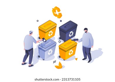Eco lifestyle concept in 3d isometric design. Separating trash into different bins and recycling garbage at waste processing plant. Vector illustration with isometric people scene for web graphic