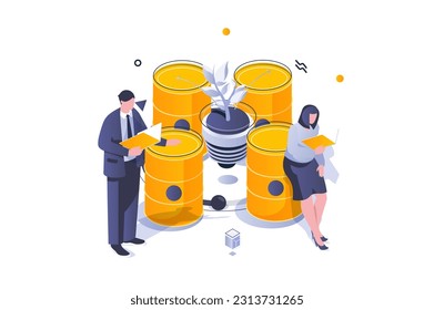Eco lifestyle concept in 3d isometric design. Ecological fuel barrels storage station, biotechnology technology for alternative sources. Vector illustration with isometric people scene for web graphic