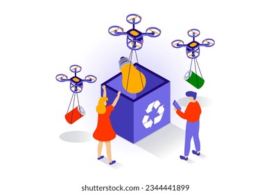 Eco lifestyle concept in 3d isometric design. People collecting light bulbs and batteries with flying drones for recycling, zero waste principe. Vector illustration with isometry scene for web graphic