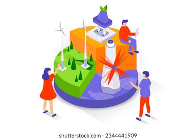 Eco lifestyle concept in 3d isometric design. People using of green electricity resources with alternative renewable energy of wind turbines. Vector illustration with isometry scene for web graphic