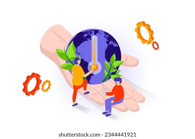 Eco lifestyle concept in 3d isometric design. People fighting global warming and climate change, use environmentally friendly technologies. Vector illustration with isometry scene for web graphic