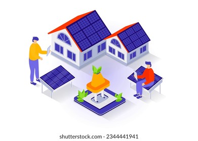 Eco lifestyle concept in 3d isometric design. People using solar panels on house roofs for generate electricity, managing smart home system. Vector illustration with isometry scene for web graphic