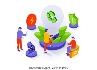 Eco lifestyle concept in 3d isometric design. People using renewable energy resource for generate electricity, recycle garbage, save planet. Vector illustration with isometry scene for web graphic