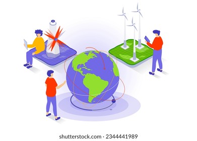 Eco lifestyle concept in 3d isometric design. People using wind turbines stations for saving to save energy sources and protect environment. Vector illustration with isometry scene for web graphic