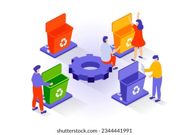 Eco lifestyle concept in 3d isometric design. People collecting and separating garbage in bins and using waste management for recycling trash. Vector illustration with isometry scene for web graphic