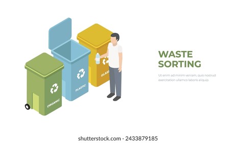 Eco lifestyle concept in 3d isometric design. Separating trash into different bins and recycling garbage. Character sorts the trash, person throws away the waste for recycling vector illustration.