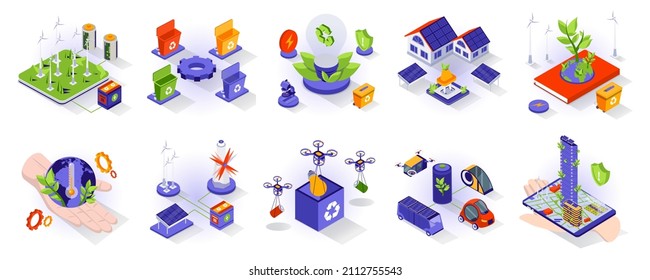 Eco Lifestyle Concept Isometric 3d Icons Set. Environmental Protection, Eco Friendly Technology, Green Renewable Energy, Smart Home And Electric Cars, Isometry Isolated Collection. Vector Illustration