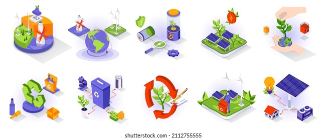 Concepto de estilo de vida ecológico isométrico 3d iconos set. Fuentes de energía alternativas, cambio climático, protección de la naturaleza y la ecología, reciclado y clasificación de residuos, recolección aislada de isometría. Ilustración del vector