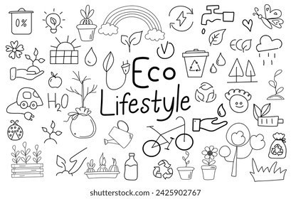 Eco lifestyle doodle elements. Recycling, solar power, wind power, bicycle, tree, sprout. Green concept.