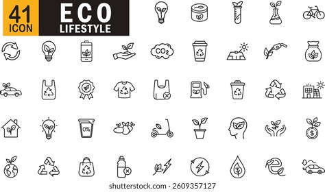 Eco lifestyle editable outline icon set. Recycling, renewable-energy, zero-waste, sustainable-living, eco-products and more.