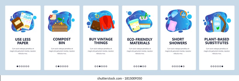 Eco lifestyle environment protection. Use eco materials, less paper, save natural resources. Mobile app screens. Vector banner template for website and mobile development. Web site design illustration
