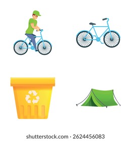 Ícones de estilo de vida Eco definir vetor de desenhos animados. Ciclista, tenda e lata de lixo, placa de reciclagem. Ecologia, proteção do ambiente