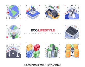 Eco lifestyle isometric icons set. Global climate change, alternative energy sources, waste sorting and recycling, nature conservation 3d isometry isolated pack. Vector illustration isometric elements