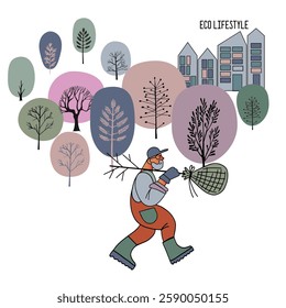 Eco Lifestyle: Man Planting a Tree in a Green City. Flat Design. Vector conceptual illustration in flat design. A man in overalls carries a tree sapling to plant it. In the background