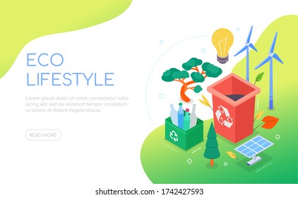 Eco Lifestyle - Modern Colorful Isometric Vector Web Banner With Copy Space For Text. A Composition With Solar Panels, Trees, Recycling Bins, Wind Turbines, Lightbulb. Environmental Conservation Theme