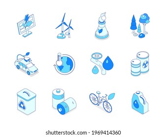 Eco lifestyle - modern line isometric icons set. Recycling, water conservation, energy saving concepts. Solar panel, wind turbines, cooling tower, forest, electric car, global warming, bicycle