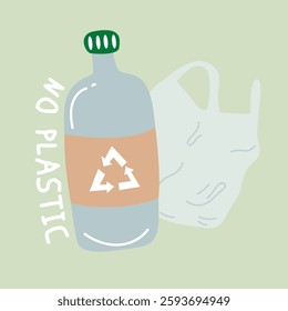 Eco lifestyle, no plactic, eco bag, zero waste, cruelty free. Environmental problems and environmental protection, recycling. Vector cartoon illustration for patches, poster, banner, social media