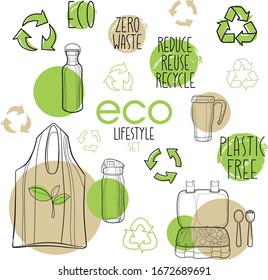 Eco Lifestyle Objects And Recycling Signs. Eco Shopping Bag, Water Bottles, Travel Mug, Food Container With Spoon And Fork. Signs: Zero Waste, Reduce Reuse Recycle, Plastic Free. Environment Awareness