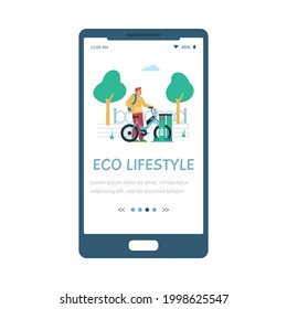 Eco lifestyle onboarding screen with woman riding electric bike, flat vector illustration. Modern environment friendly electric transport services mobile app page.