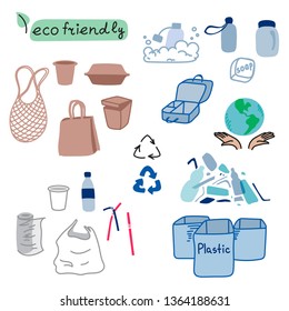 Eco lifestyle, plastic, organic, hand drawn elements, vector illustration
