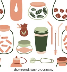 Eco lifestyle seamless pattern. Zero waste kitchen. Hand drawn flat vector texture with reusable products: glass jar, straw, thermo mug. Go green, no plastic, save the planet concept